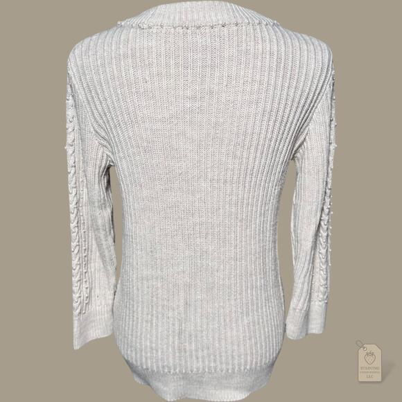 Karl Lagerfeld Paris Sweater XS Ivory Pearl Embellished Cable Knit Crew Neck - Picture 6 of 7